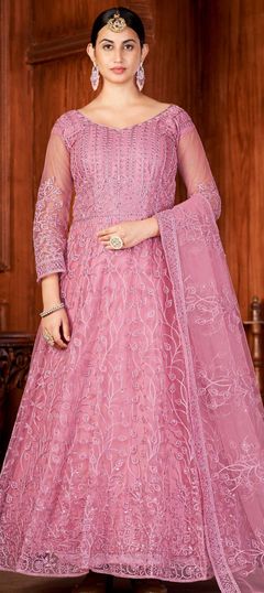 Pink and Majenta color Salwar Kameez in Net fabric with Embroidered, Resham, Thread, Zari work