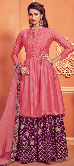 Reception, Wedding Pink and Majenta color Salwar Kameez in Crepe Silk fabric with Anarkali Embroidered, Stone, Zari work : 1856347