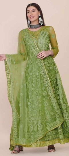 Green color Salwar Kameez in Net fabric with Embroidered, Resham, Stone, Thread, Zari work