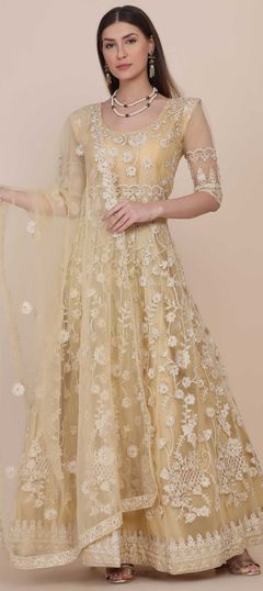Beige and Brown color Salwar Kameez in Net fabric with Embroidered, Stone, Thread, Zari work