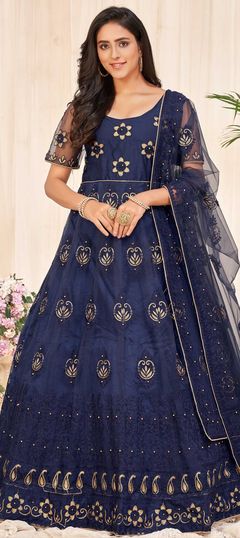 Blue color Salwar Kameez in Net fabric with Embroidered, Resham, Stone, Thread, Zari work