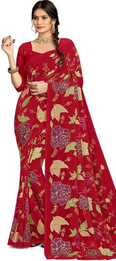 Red and Maroon color Saree in Georgette fabric with Sequence, Thread work