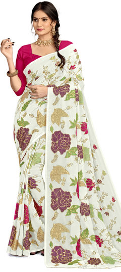 White and Off White color Saree in Georgette fabric with Sequence, Thread work