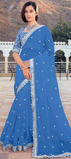 Blue color Saree in Organza Silk, Silk fabric with Sequence, Thread work