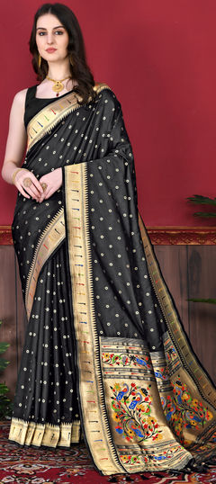 Black and Grey color Saree in Art Silk, Silk fabric with Weaving, Zari work