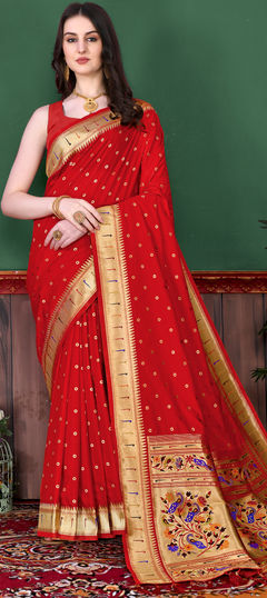 Red and Maroon color Saree in Art Silk, Silk fabric with Weaving, Zari work