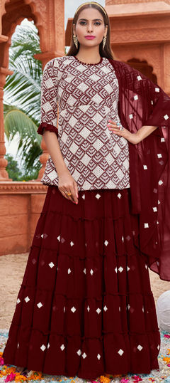 Red and Maroon color Long Lehenga Choli in Faux Georgette fabric with Embroidered, Resham, Sequence, Thread work