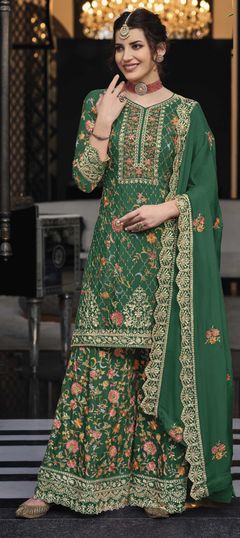 Festive, Mehendi Sangeet Green color Salwar Kameez in Crepe Silk fabric with Palazzo Embroidered, Sequence, Thread, Zari work : 1856582