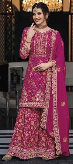 Festive, Mehendi Sangeet Pink and Majenta color Salwar Kameez in Crepe Silk fabric with Palazzo Embroidered, Sequence, Thread, Zari work : 1856586