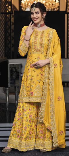 Festive, Mehendi Sangeet Yellow color Salwar Kameez in Crepe Silk fabric with Palazzo Embroidered, Sequence, Thread, Zari work : 1856589