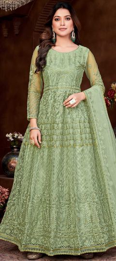 Mehendi Sangeet, Reception Green color Salwar Kameez in Net fabric with Anarkali Embroidered, Resham, Sequence, Thread work : 1856633