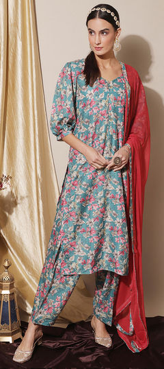 Blue color Salwar Kameez in Muslin fabric with Digital Print, Floral work