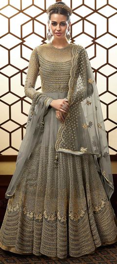 Bollywood Black and Grey color Salwar Kameez in Net fabric with Anarkali Embroidered, Stone, Thread, Zari work : 1856677