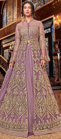 Bollywood Purple and Violet color Salwar Kameez in Net fabric with Slits Embroidered, Stone, Zari work : 1856776