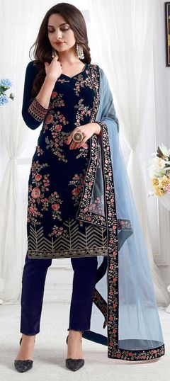 Blue color Salwar Kameez in Velvet fabric with Embroidered, Stone, Zari work