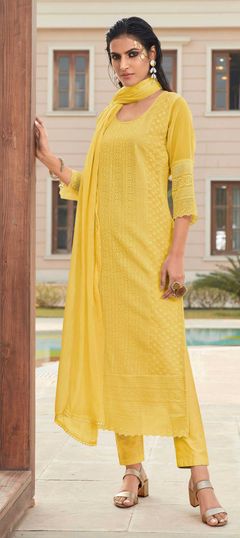 Bollywood Yellow color Salwar Kameez in Georgette fabric with Straight Embroidered, Stone, Zari work : 1856781