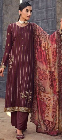 Red and Maroon color Salwar Kameez in Dolla Silk fabric with Weaving work