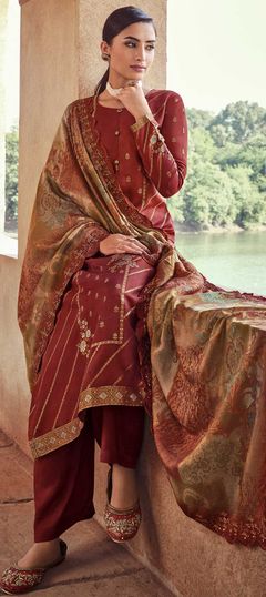 Red and Maroon color Salwar Kameez in Dolla Silk fabric with Weaving work