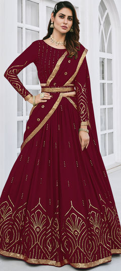 Red and Maroon color Lehenga in Georgette fabric with Embroidered, Resham, Sequence, Thread work