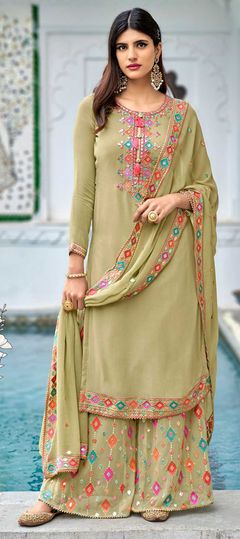 Bollywood Green color Salwar Kameez in Georgette fabric with Palazzo Embroidered, Mirror, Sequence, Stone work : 1857018