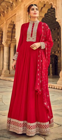 Bollywood Red and Maroon color Salwar Kameez in Georgette fabric with Churidar Embroidered work : 1857029