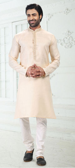 Beige and Brown color Kurta Pyjamas in Cotton fabric with Resham, Thread work