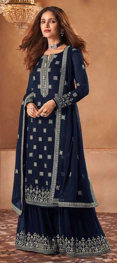 Bollywood Blue color Salwar Kameez in Georgette fabric with Palazzo Embroidered, Mirror work : 1857048