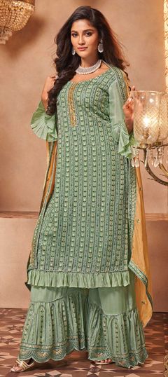 Green color Salwar Kameez in Georgette fabric with Embroidered work