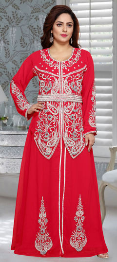 Reception, Wedding Red and Maroon color Kaftan in Faux Georgette fabric with Cut Dana, Stone work : 1857063