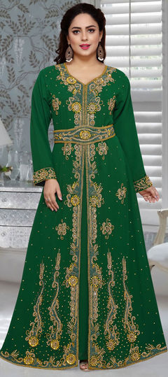 Festive, Reception Green color Kaftan in Faux Georgette fabric with Cut Dana, Stone work : 1857076