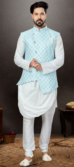 White and Off White color Kurta Pyjama with Jacket in Dupion Silk fabric with Weaving work