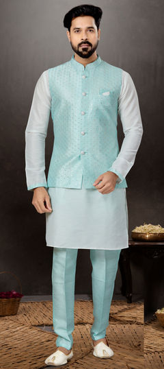 White and Off White color Kurta Pyjama with Jacket in Dupion Silk fabric with Sequence, Thread, Weaving work