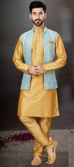 Gold color Kurta Pyjama with Jacket in Dupion Silk fabric with Weaving work