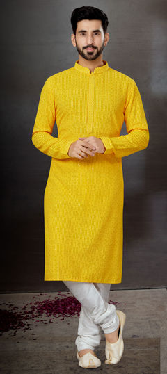 Yellow color Kurta Pyjamas in Rayon fabric with Embroidered, Resham, Thread work