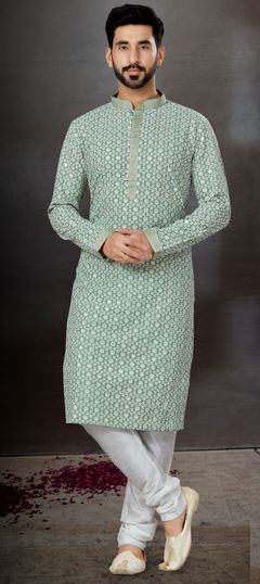 Blue, White and Off White color Kurta Pyjamas in Rayon fabric with Embroidered, Resham, Thread work