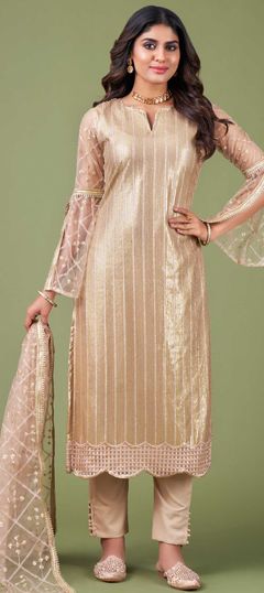 Beige and Brown color Salwar Kameez in Net fabric with Embroidered, Sequence, Thread work