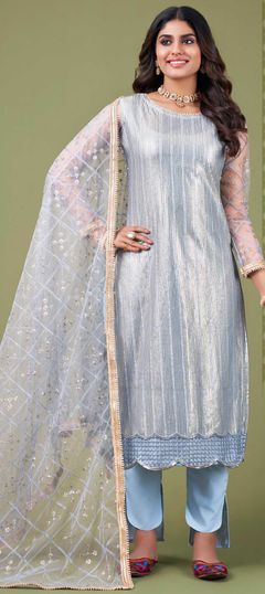 Blue color Salwar Kameez in Net fabric with Embroidered, Sequence, Thread work