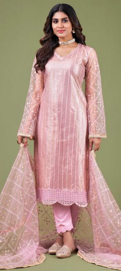 Pink and Majenta color Salwar Kameez in Net fabric with Embroidered, Sequence, Thread work