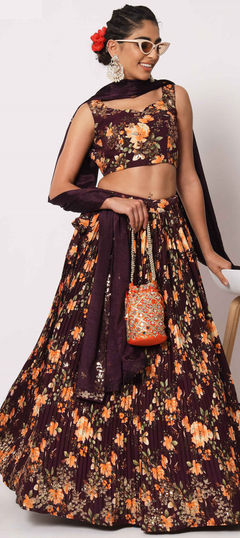 Engagement, Reception Purple and Violet color Lehenga in Art Silk fabric with A Line Embroidered, Floral, Printed, Sequence, Thread work : 1857306