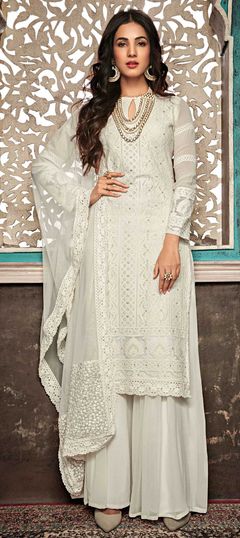 White and Off White color Salwar Kameez in Georgette fabric with Embroidered, Stone, Thread, Zari work