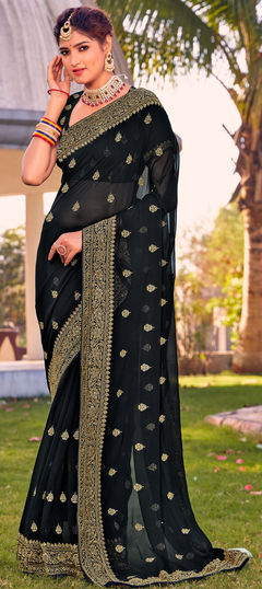 Black and Grey color Saree in Georgette fabric with Embroidered, Stone, Thread, Zari work