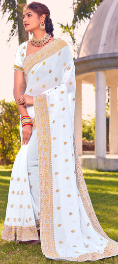 White and Off White color Saree in Georgette fabric with Embroidered, Stone, Thread, Zari work