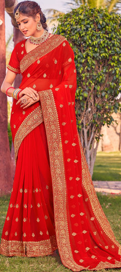 Red and Maroon color Saree in Georgette fabric with Embroidered, Stone, Thread, Zari work