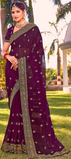 Purple and Violet color Saree in Georgette fabric with Embroidered, Stone, Thread, Zari work