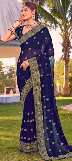 Blue color Saree in Georgette fabric with Embroidered, Stone, Thread, Zari work