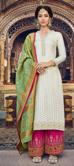 Bollywood White and Off White color Salwar Kameez in Jacquard fabric with Straight Embroidered, Stone, Thread, Zari work : 1857329