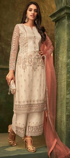 White and Off White color Salwar Kameez in Net fabric with Embroidered, Stone, Thread, Zari work