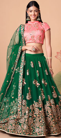 Green color Lehenga in Net fabric with Embroidered, Mirror, Sequence, Thread, Zari work