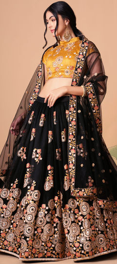 Black and Grey color Lehenga in Net fabric with Embroidered, Mirror, Sequence, Thread, Zari work