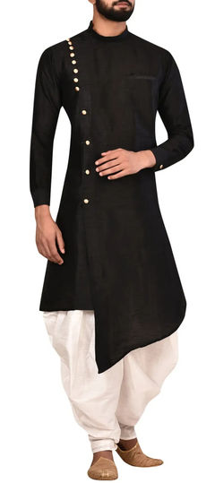 Black and Grey color Dhoti Kurta in Art Silk fabric with Thread work